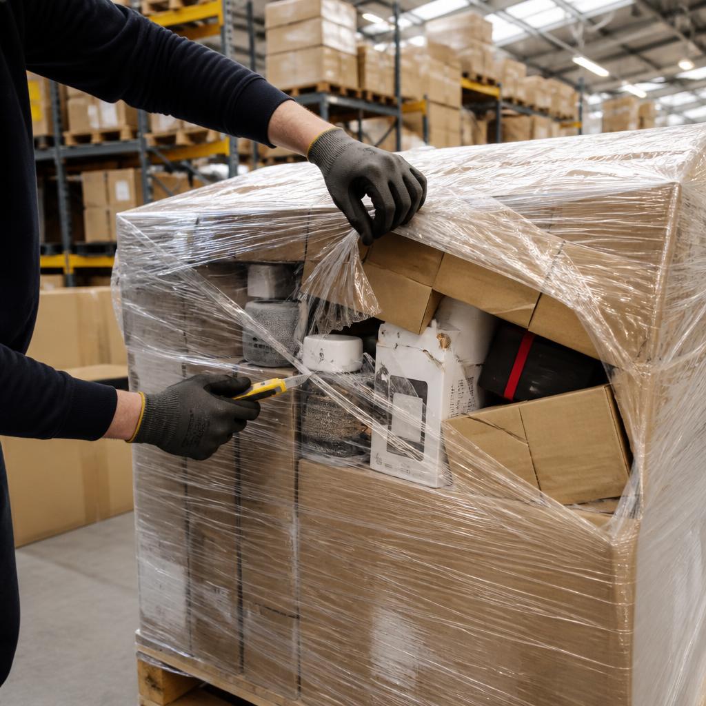Illustrative generated image of a pallet being unwrapped